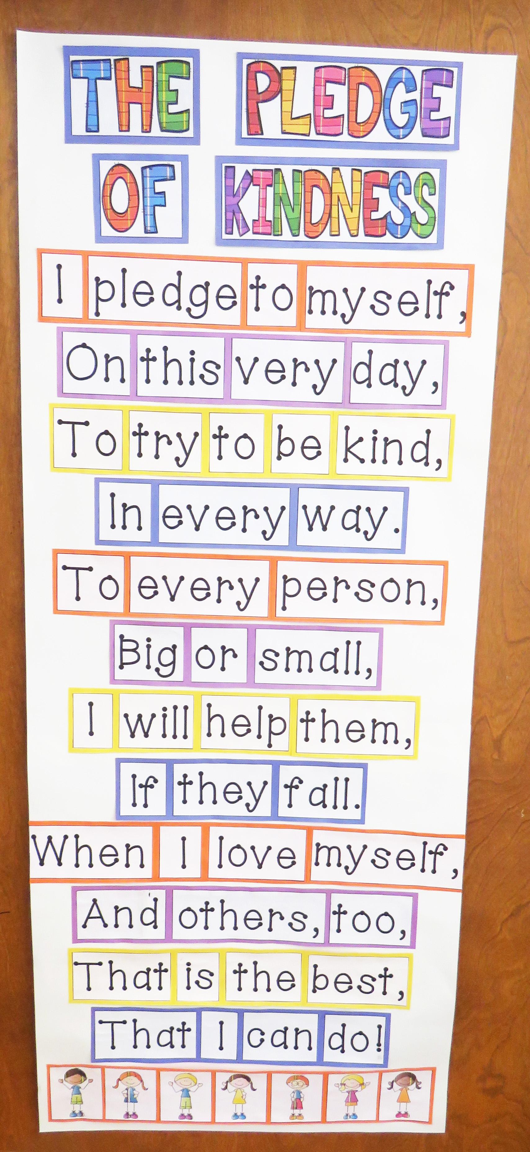 A decorative design of The Pledge of Kindness inside an Adams School classroom